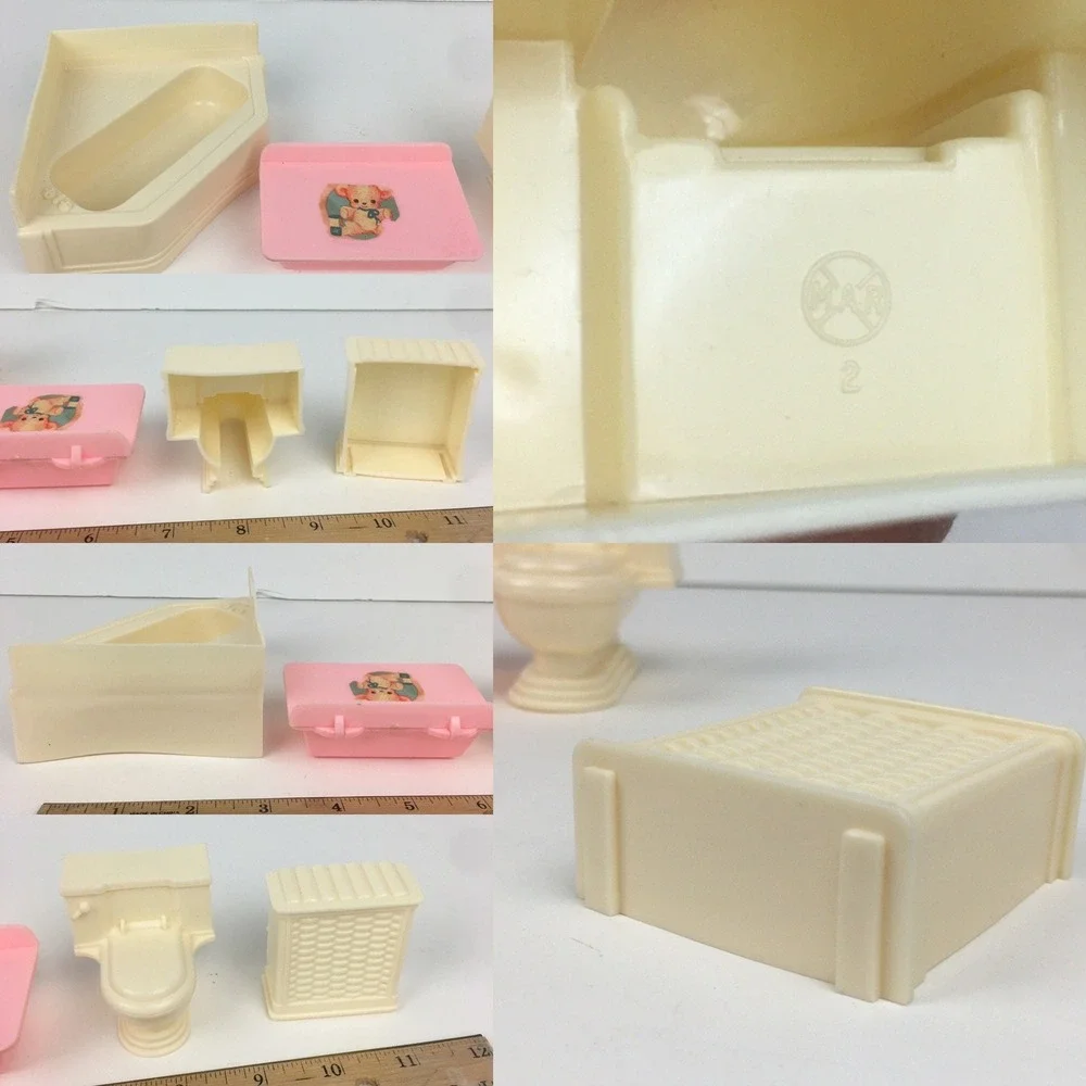 Marx Random 19 Vtg Plastic Mini Doll Furniture Bedroom Bathroom‎ Yellow Red Tan